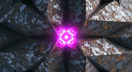 Abstract rusty metallic futuristic tunnel structure with glowing purple light portal, symmetrical 3D render background