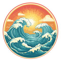 Stylized illustration of ocean waves with a rainbow and sun in a circular composition design , vector style simple color