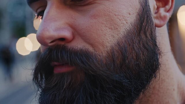 Close-up angle of a bearded man's face with soft bokeh lights in the background, creating a cinematic video feel with a focus on texture and detail.