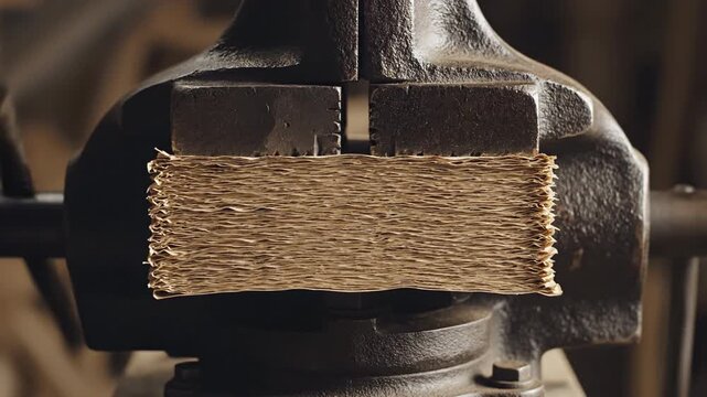 Close Up of a Stack of Thin Metal Strips Clamped Tightly in a Dark Metal Workshop Vice with Soft Natural Lighting Highlighting the Texture of the Material and the Tool