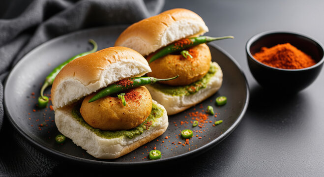 Authentic Indian Vada Pav with Chilies and Chutney