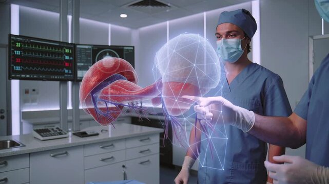 surgeons examine holographic organ model in sterile operating room, two clinicians in scrubs and masks gesture toward glowing D kidney projection above patient while monitors display vital