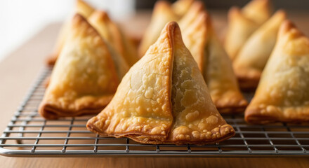 Crispy Golden Samosas Freshly Prepared on Cooling Rack
