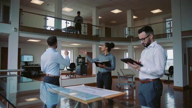 openplan office architects reviewing blueprint table, project manager pointing to layout, colleague checking tablet, collaborative planning session in atrium with natural light