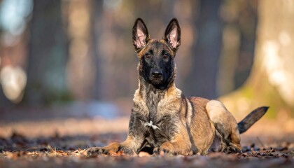 Naklejka premium Majestic Belgian Malinois Dog Resting Peacefully in a Forest Setting, Captivating Portrait.