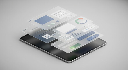 Smartphone with floating app screens and user interface elements