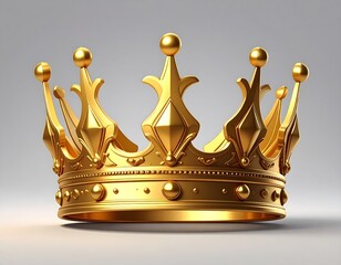 Gleaming golden crown. Ornate design with curves, spheres, and diamond shapes. Regal object casting a subtle shadow