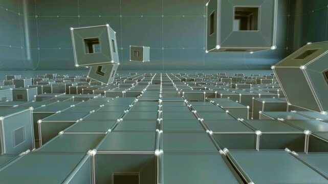Vast metallic cube grid stretching into horizon, glowing node connectors define geometry, hollow cubes rise and rotate above tiled floor, cool teal lighting, sterile futuristic lab