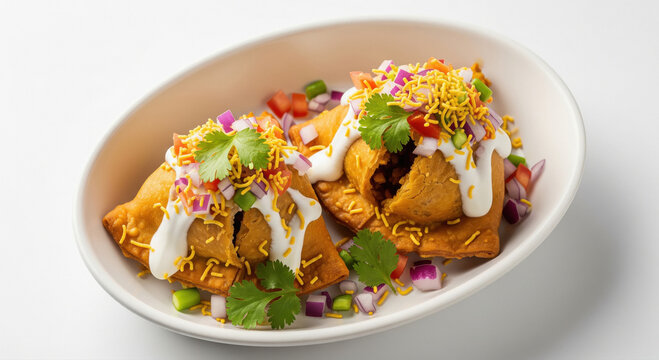 Delicious Samosa Chaat: Indian Snack with Yogurt, Sev, and Spices