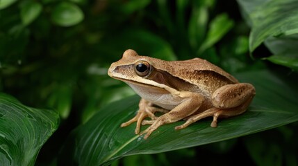 Obraz premium Brown Frog Sitting on Leaf in Lush Green Nature Background