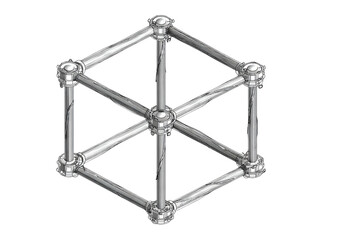 Wireframe cube with spheres at joints. Isometric. Gray scale art on black