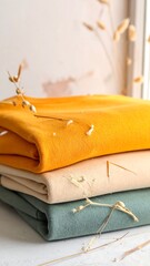 Folded fabric stack in warm tones near a window with dried grasses, simple and clean styling for a minimal aesthetic