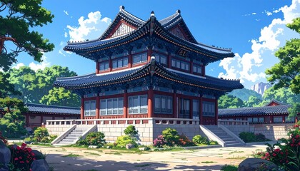 Obraz premium Magnificent Korean Palace - A Detailed Architectural Masterpiece in a Serene Garden Setting.