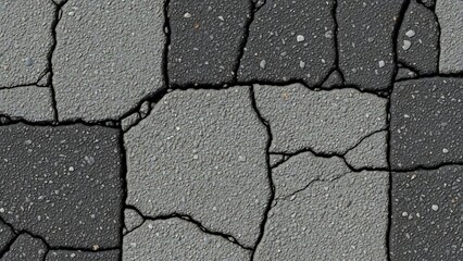 Fototapeta premium Close-animated movie view of a cracked asphalt surface with rough texture and varying shades of gray, showing detailed fissures and granular composition.