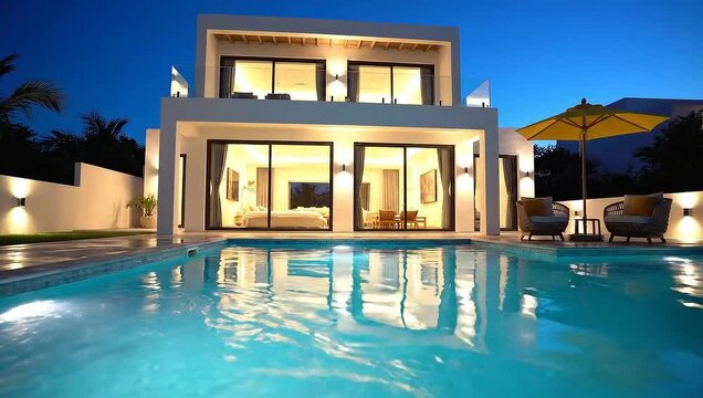 Modern white house with pool and patio at dusk or dawn with lights on inside and outside