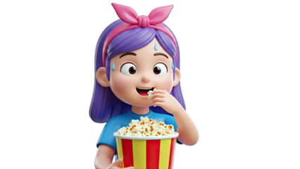 Cartoon girl eating popcorn with a pink bow and purple hair