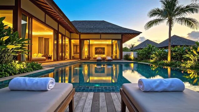 Luxurious tropical resort with pool and sun loungers at sunset or sunrise with modern villa