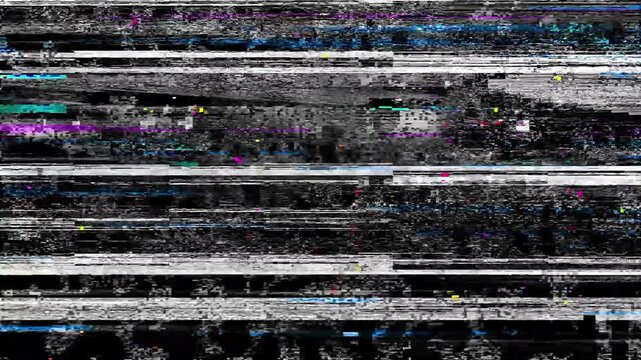 Abstract Digital Glitch Background with VHS Static Noise and Faded Colors: Distorted Horizontal Lines and Data Errors