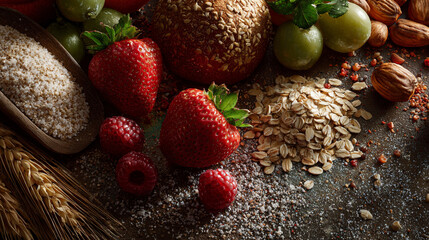 Rustic Macro Shot of Breakfast Ingredients with Fresh Berries, Rolled Oats and Whole Wheat Bread.