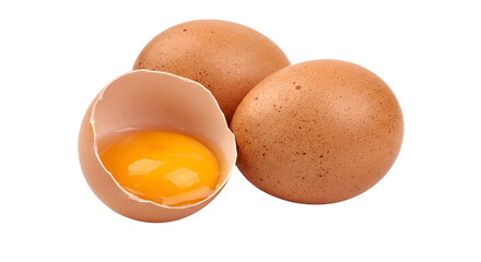 Fresh brown chicken eggs, with one cracked open revealing a vibrant yellow yolk, perfect for breakfast, baking, and healthy nutrition concepts, isolated on transparent background.