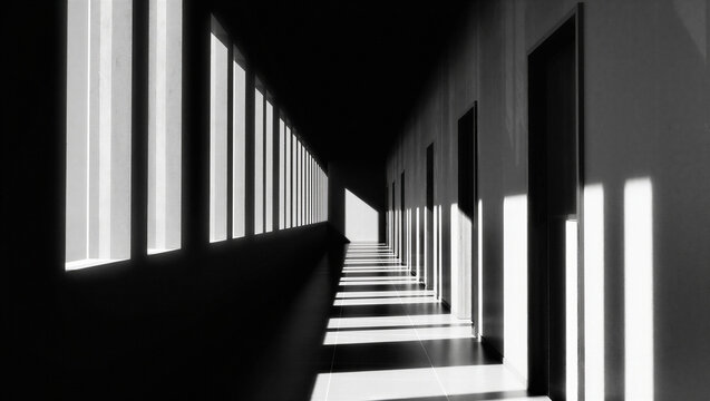 Stairway with sunlight streaming through windows