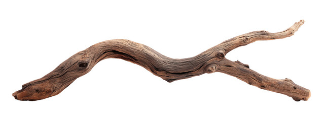 Obraz premium Naturally twisted driftwood branch with organic curves and weathered surface detail, isolated on transparent background