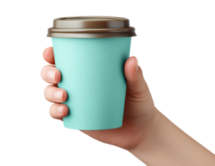 Hand holding turquoise blue disposable coffee cup with brown lid, isolated on transparent background