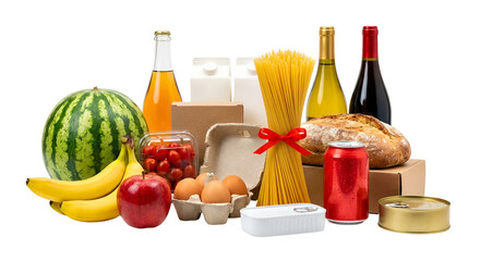 A diverse collection of essential fresh and packaged groceries including fruits, vegetables, dairy, pasta, bread, and beverages, all neatly arranged and isolated on transparent background for shopping