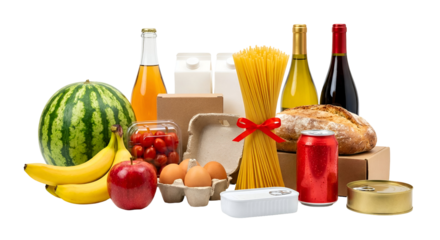A diverse collection of essential fresh and packaged groceries including fruits, vegetables, dairy, pasta, bread, and beverages, all neatly arranged and isolated on transparent background for shopping