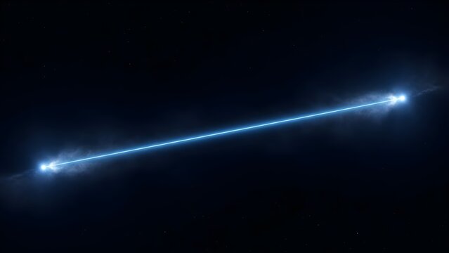Conceptual 3D illustration of two bright blue stars connected by a straight glowing laser line across the dark deep space background