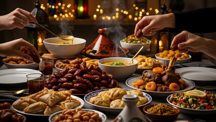 Fototapeta premium Rich Ramadan Feast with Diverse Foods and Dates, Isolated on White Background