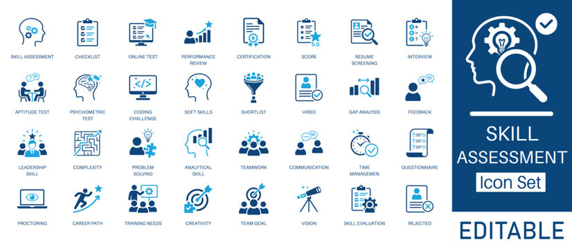Skill Assessment and Recruitment solid icon set. Includes symbols for Online Test, Coding Challenge, Soft Skills, and Interview. Solid vector icons for HR and talent evaluation.