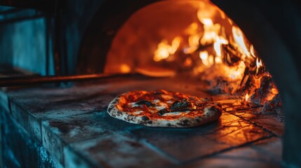 Freshly baked artisan pizza in a traditional wood-fired oven with vibrant flames and rustic surroundings, showcasing culinary craftsmanship and delicious toppings.