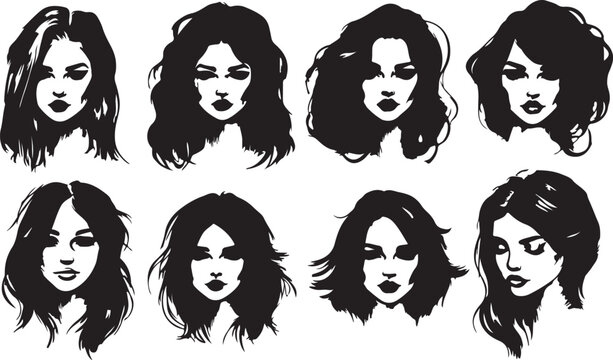 Artistic collection of fashion beauty avatar icons featuring a stylish woman with various hairstyles and facial features in a black vector illustration set