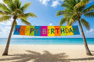 Happy Birthday banner hanging between two palm trees on a sandy beach, bright colors, blue ocean and sunny sky in background