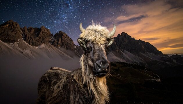 Majestic Himalayan Tahr Stands Proudly Against a Starry Night Sky and Mountain Range.