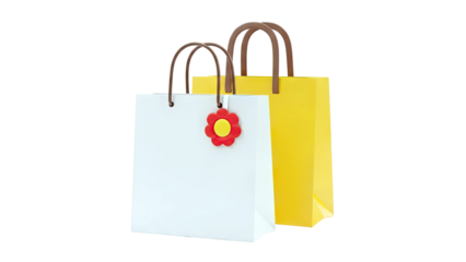 Two Shopping Bags, One White with Flower Charm, One Yellow