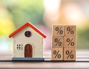Miniature house with percentage blocks on wooden table against blurred nature background, symbolizing finance