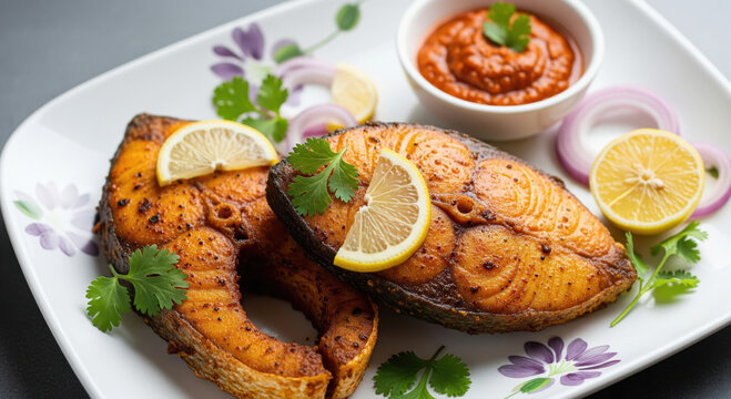 Crispy fried fish with lemon, coriander, onion, and spicy sauce