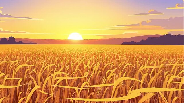 Golden Wheat Field Sunset Harvest Agriculture Illustration