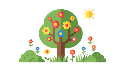 Spring Tree with Colorful Flowers and Sun