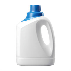 White plastic detergent bottle with a blue cap. The bottle has a built-in handle for easy pouring and a simple, clean design. Isolated on transparent background, png.