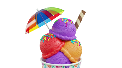 Colorful Ice Cream Sundae with Umbrella and Wafer Stick