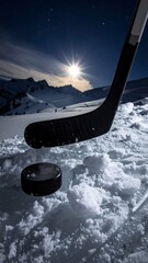Hockey puck ready for a slapshot on snowy ground beneath a starry sky and alpine mountains