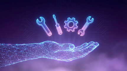 Digital Hand Offering Neon Tech Tools: Service, Support, Engineering & Maintenance Solutions