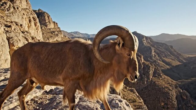 A brown-coated, large-horned ram stands firmly on a sunlit rocky mountain ridge