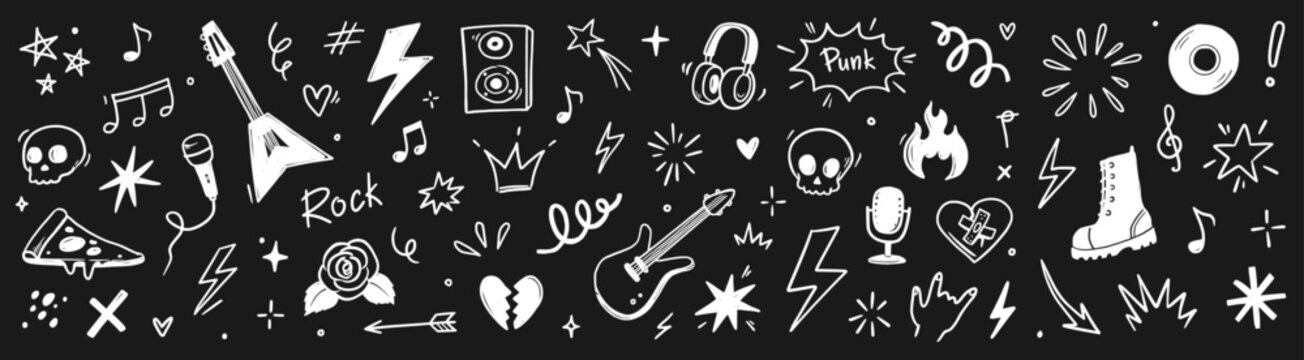 Hand drawn doodle music icons with rock elements, lightning bolts and graffiti style tattoo stickers for creative band designs on chalkboard. Marker sketch music icons. Vector illustration
