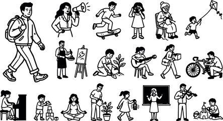 Line art walking student and activity icons showing diverse people playing music, gardening, teaching, and crafting in bold outline style