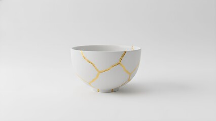 White ceramic bowl with gold kintsugi repair cracks isolated