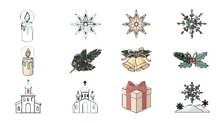 Obraz premium Christmas and Holiday Icons Set Representing Winter Celebration, Gifts, Decorations, and Festive Seasonal Symbols for Greeting and Event Design